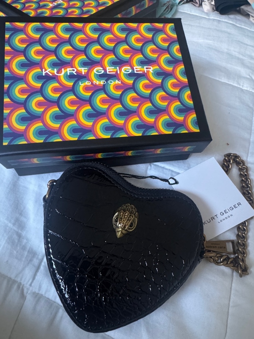 Kurt Geiger Black Patent micro heart crossbody